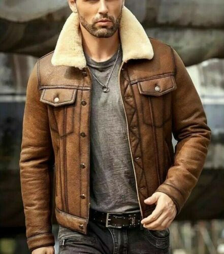 MEN' s Brown Faux Leather Aviator Jacket with Fur Collar Leathers Crafted