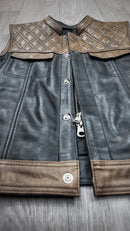 "Urban Contrast: Black Canvas & Brown Leather Biker Vest" Leathers Crafted