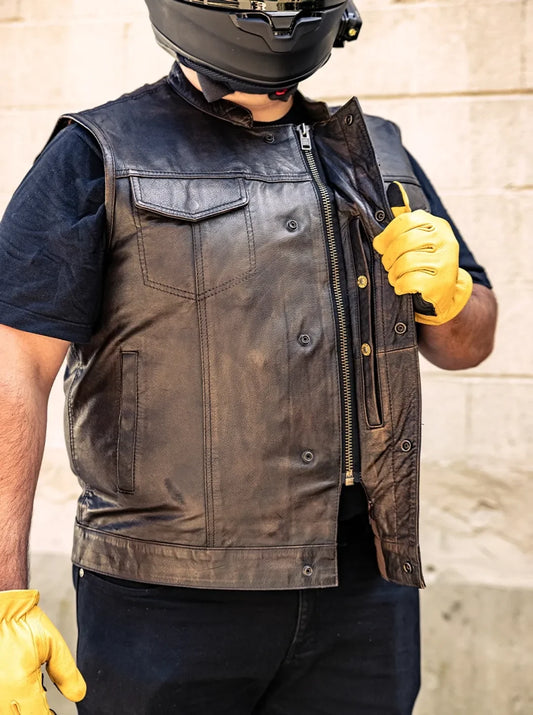 Men's Black Leather Motorcycle Vest – Classic Club Vest with Snap Pockets