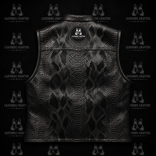 Black textured leather vest with a snakeskin pattern, shown from the back on a black background with a circular 'Leather Craft' logo patch on the upper back.