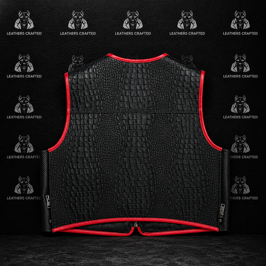 Black crocodile-embossed leather vest with bright red piping trim, displayed flat against a black background patterned with the 'Leathers Crafted' logo.