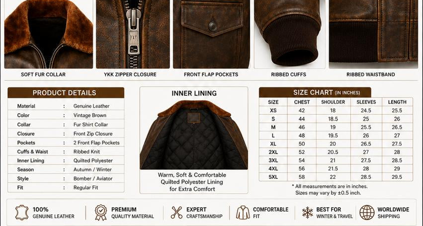 Vintage brown leather bomber jacket with product details and features on a white background