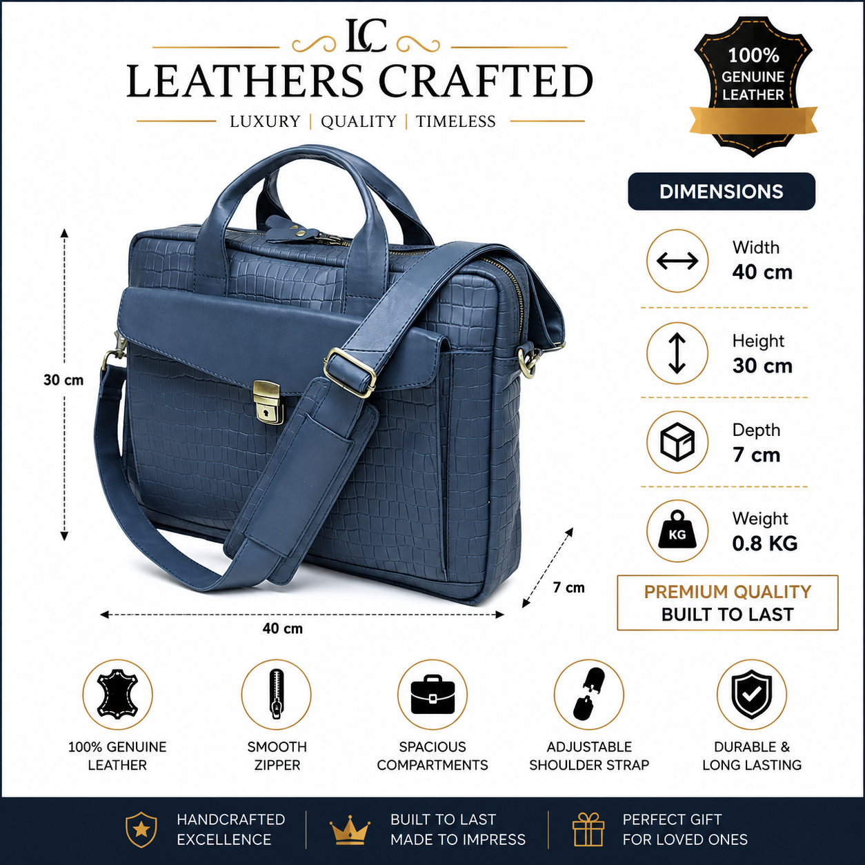 Genuine Leather Laptop Briefcase for Men – Navy Blue Crocodile Pattern Business Bag