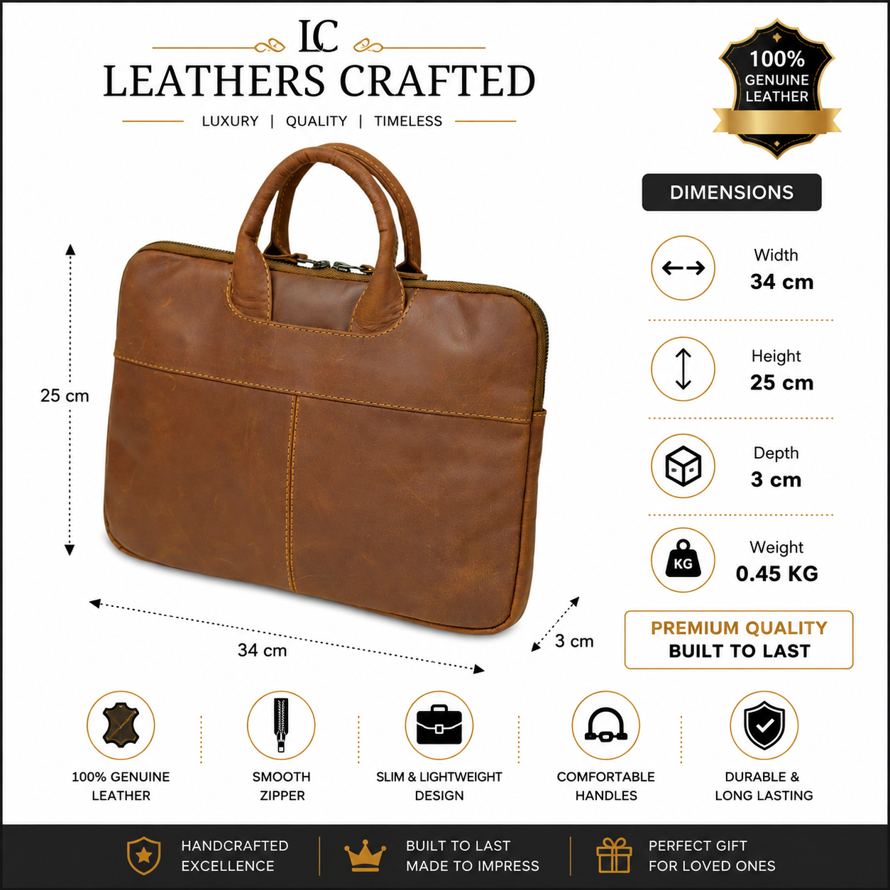 Genuine Leather Briefcase for Men – Slim Brown Leather MacBook & Document Bag