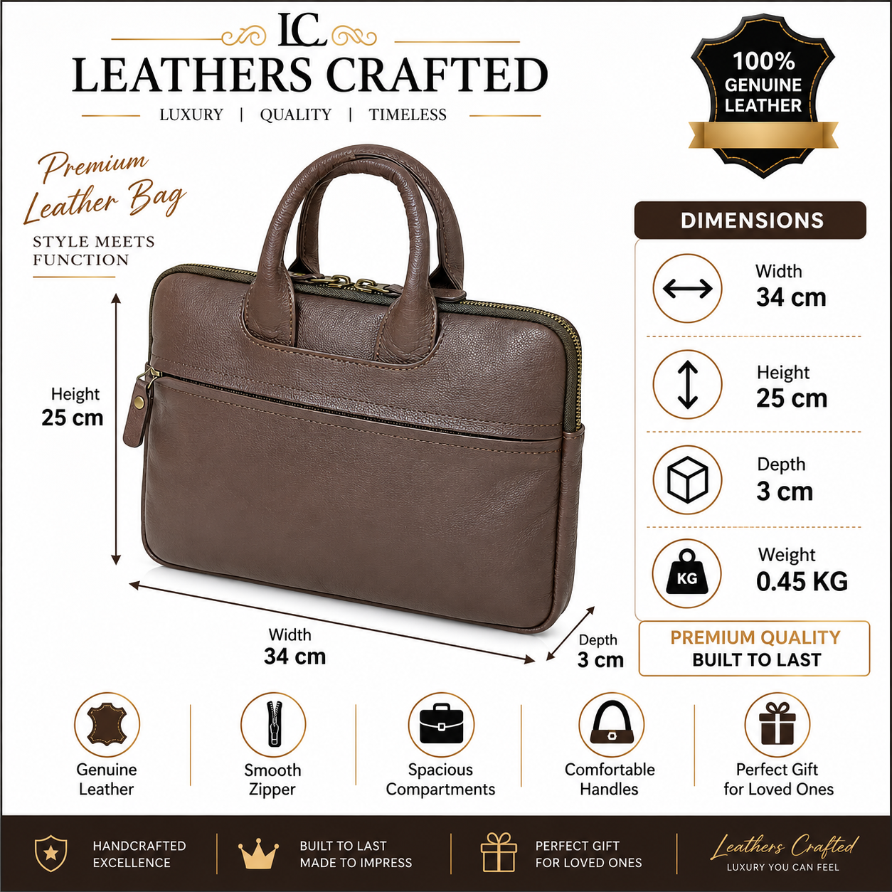 Brown Leather Business Briefcase – Slim Document Bag