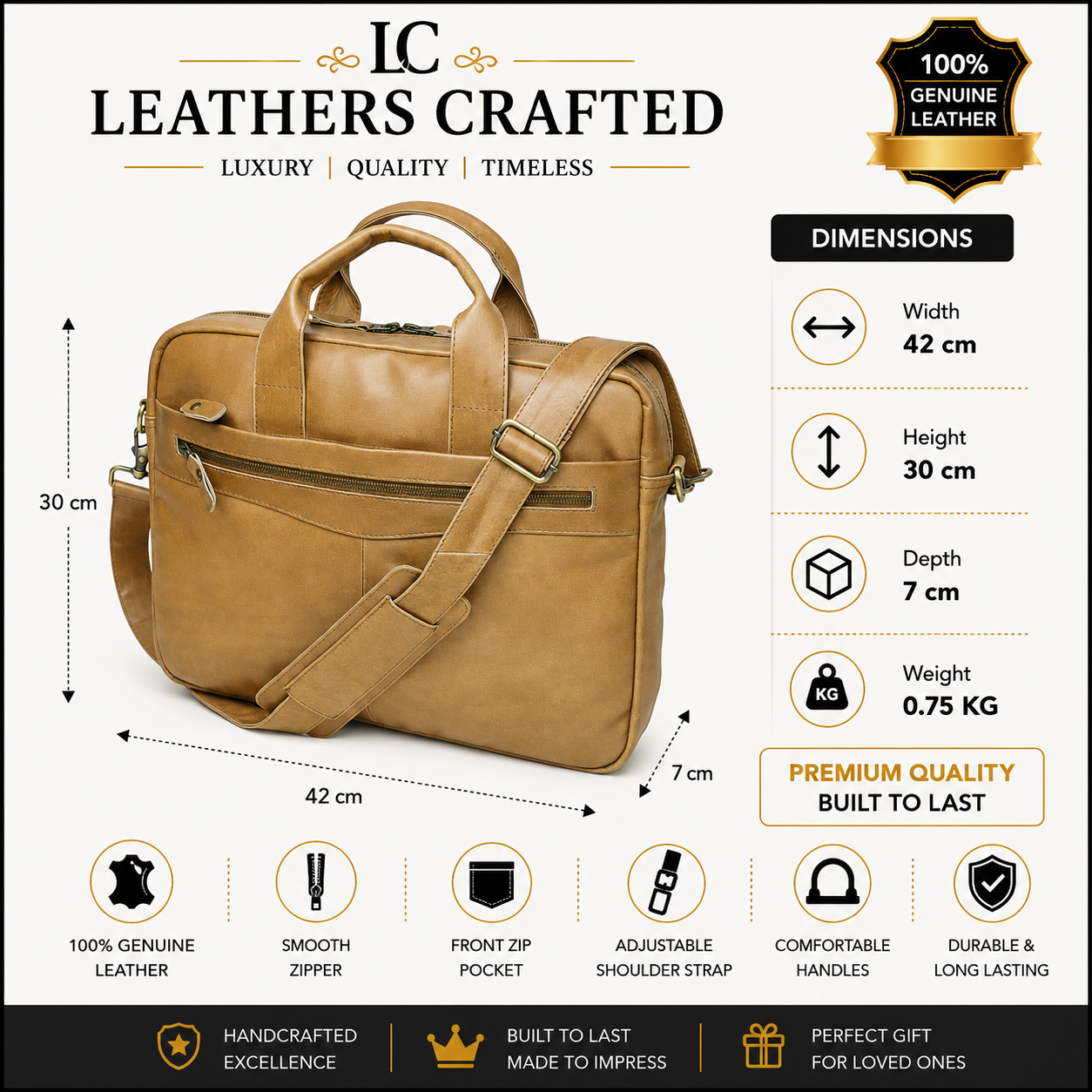 Men’s Tan Leather Briefcase – Premium Business & Work Bag with Shoulder Strap