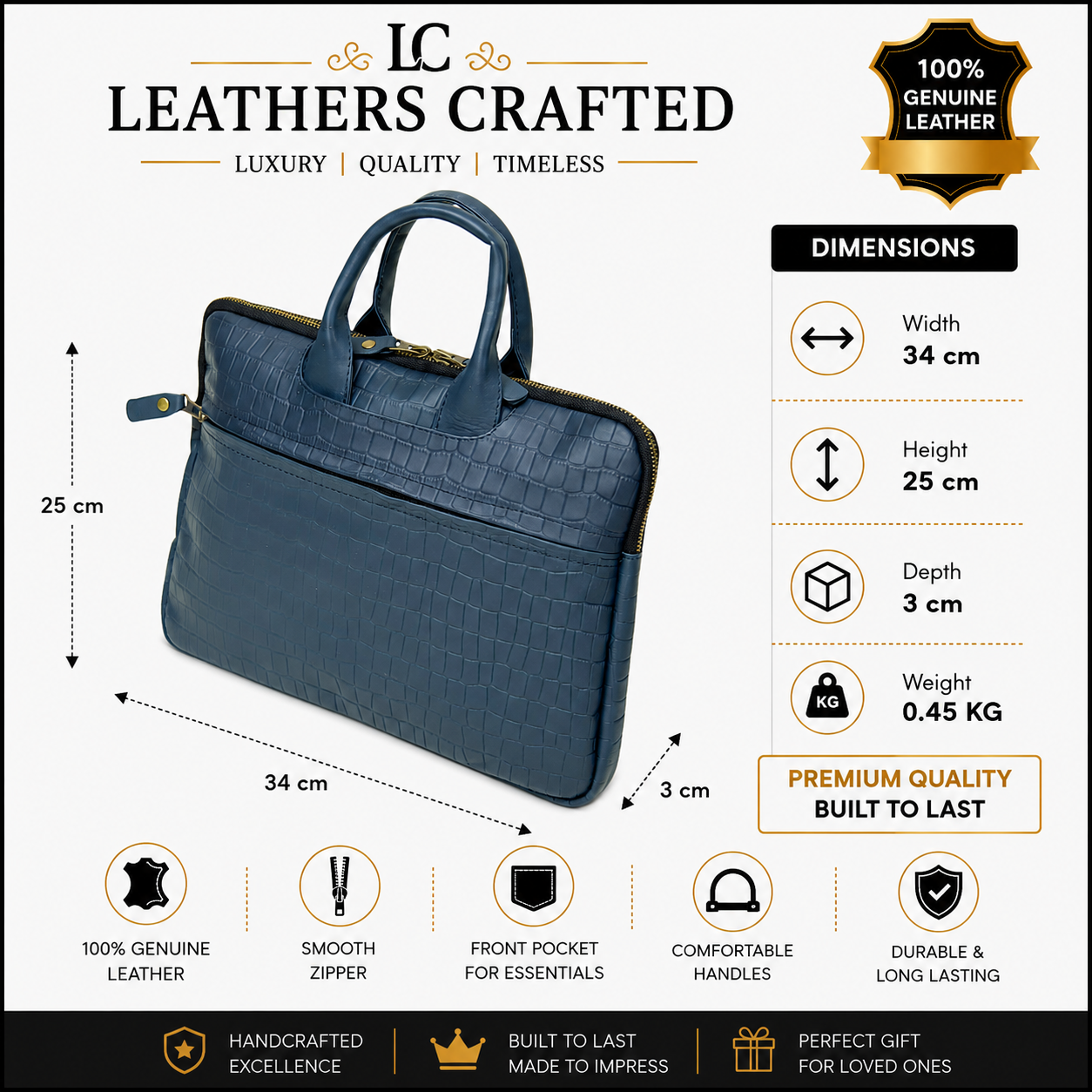 Crocodile Embossed Blue Leather Briefcase – Men’s Business Office Work Bag