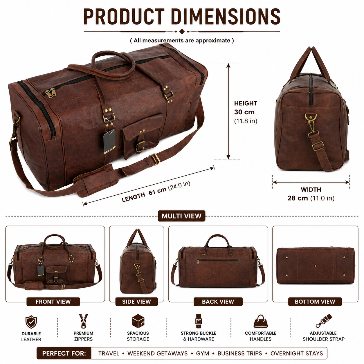 Vintage Leather Duffel Bag – Large Travel Weekender Bag