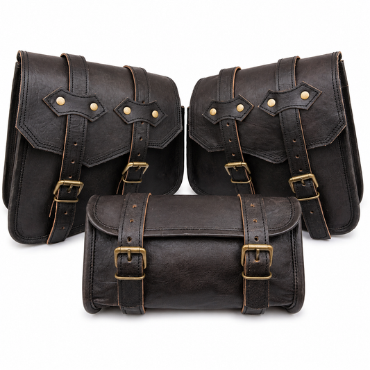 3 Piece Leather Motorcycle Saddlebag Set – Black Vintage Bike Bags