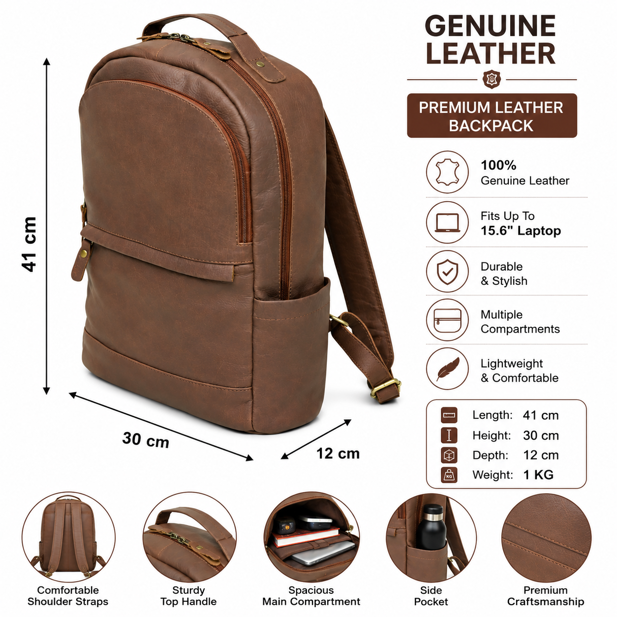 Premium Brown Genuine Leather Laptop Backpack for Men & Women