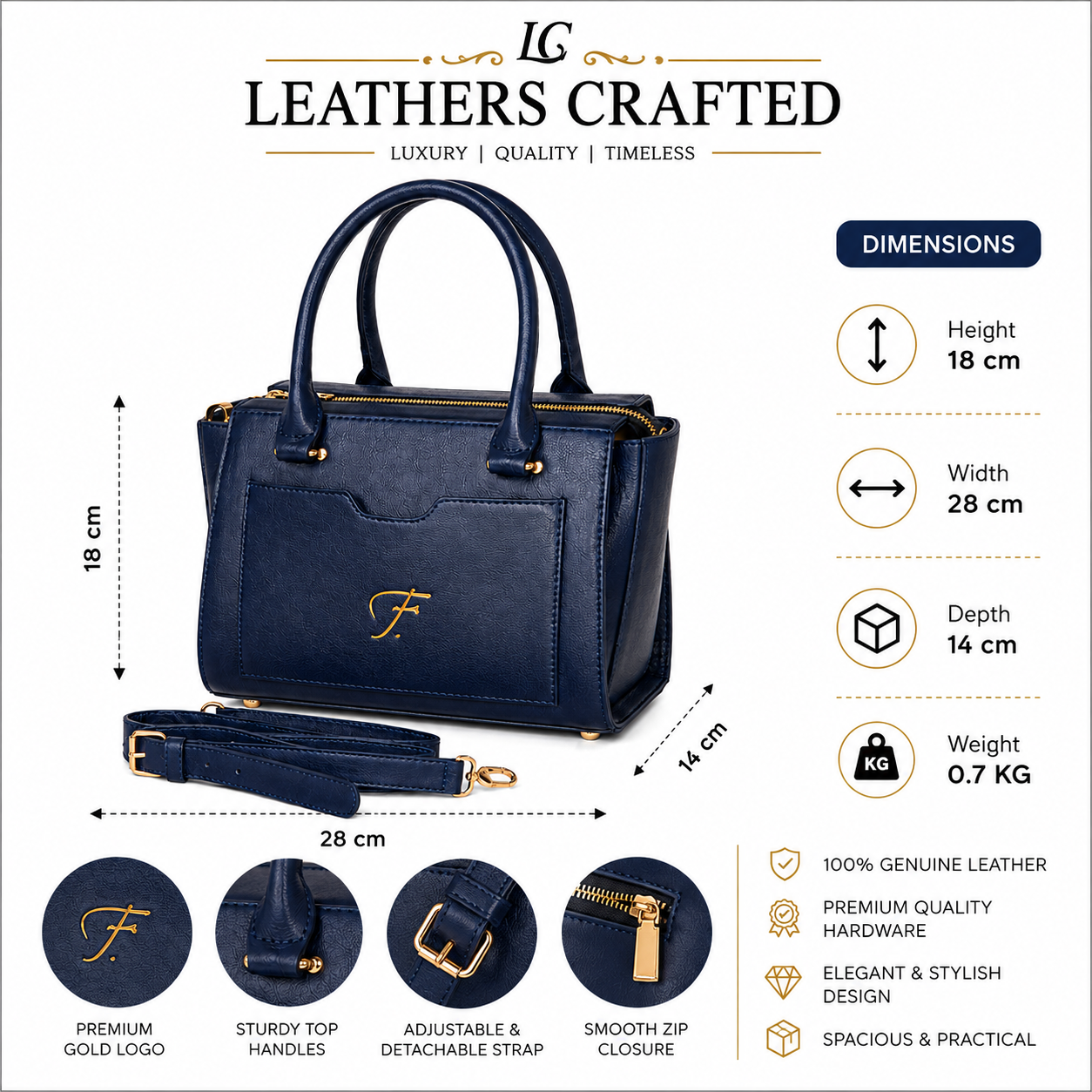 Luxury Navy Blue Genuine Leather Satchel Handbag for Women – Designer Crossbody Shoulder Purse | Leathers Crafted