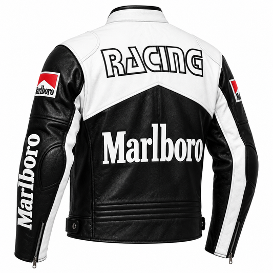 Men's Black & White Motorcycle Leather Jacket – Vintage Racing Style