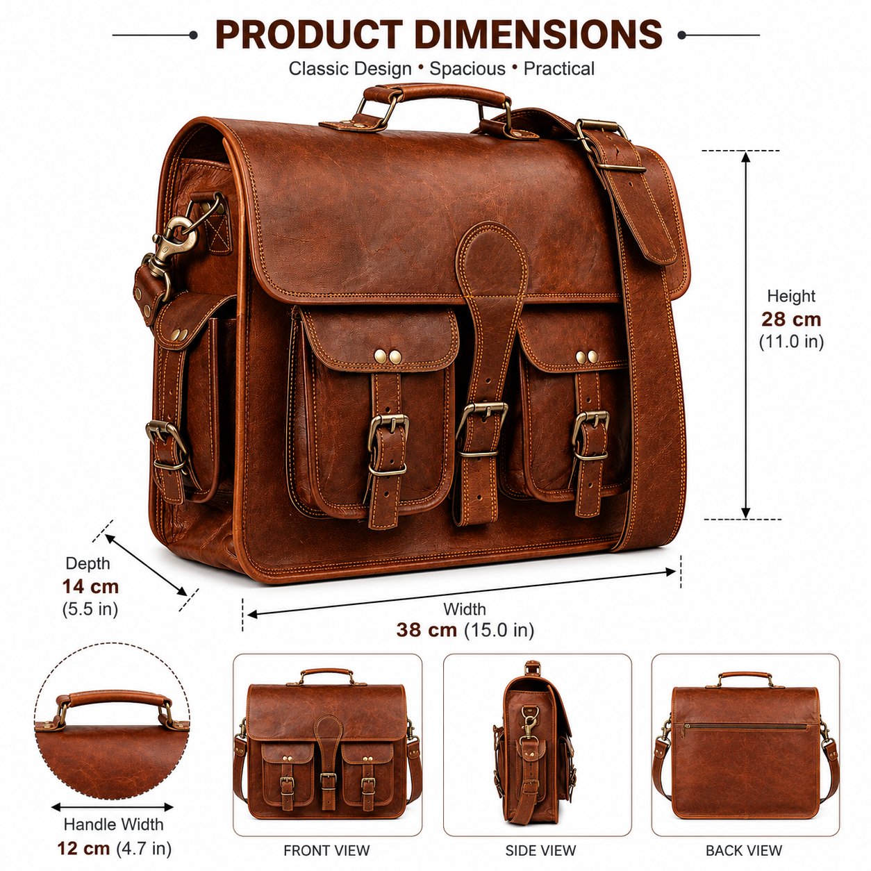 Vintage Brown Leather Messenger Bag – Large Crossbody Shoulder Satchel Briefcase