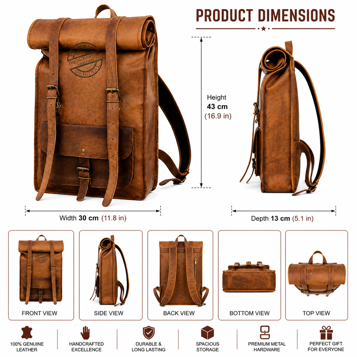 Vintage Brown Leather Backpack – Roll Top Travel Rucksack