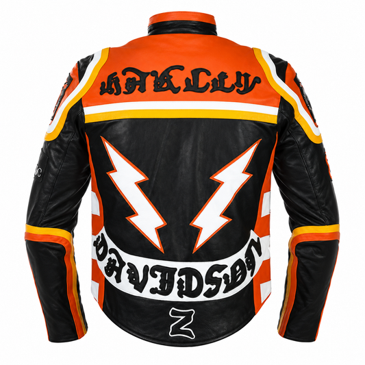Harley-Davidson Multi-Patch Leather Jacket – Orange & Black Vintage Biker Style