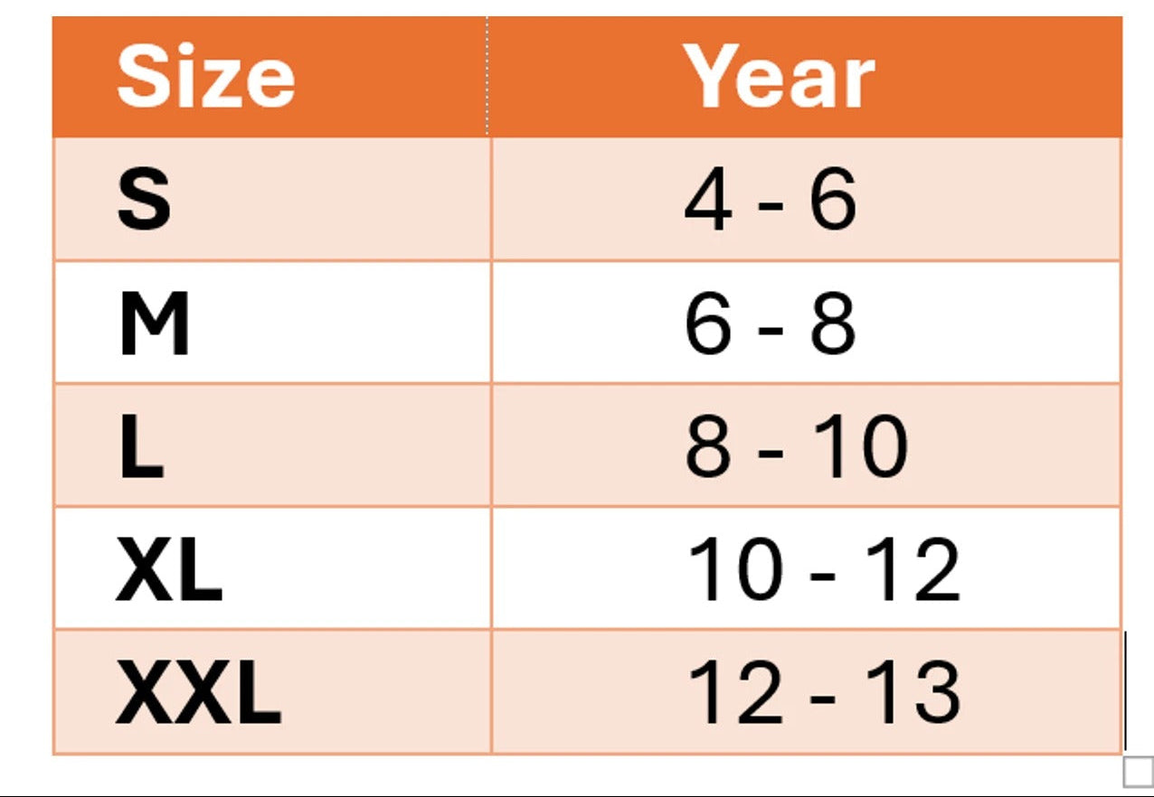 A size chart table titled Leathers Crafted size chart' showing size options S through XXL with corresponding age ranges 4-13.