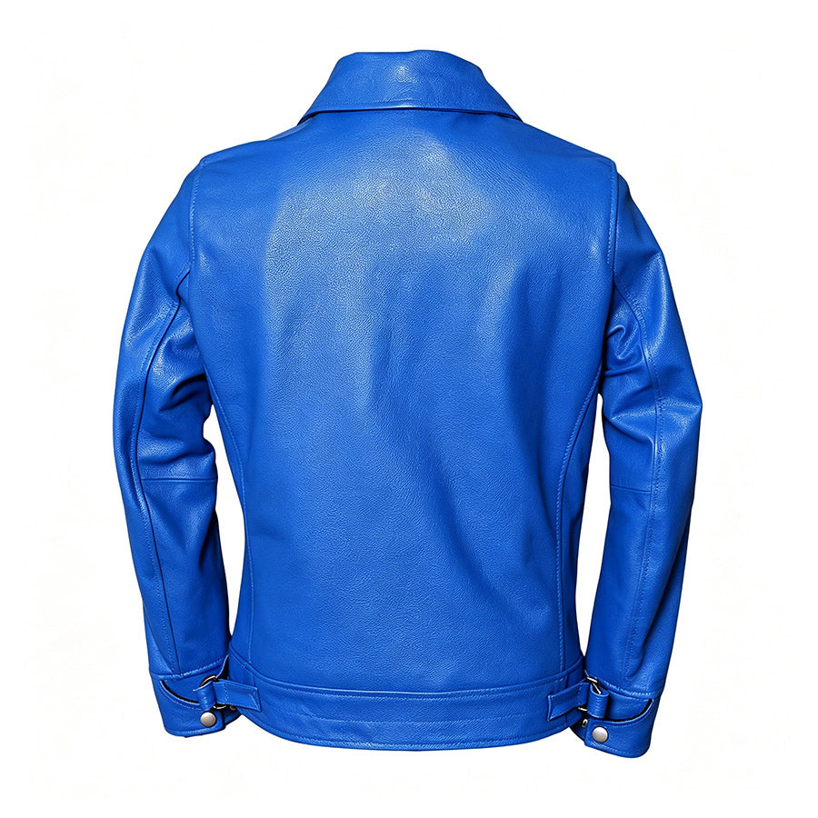 Men’s Blue Cowhide Leather Jacket – Classic Lapel Collar Slim Fit Style