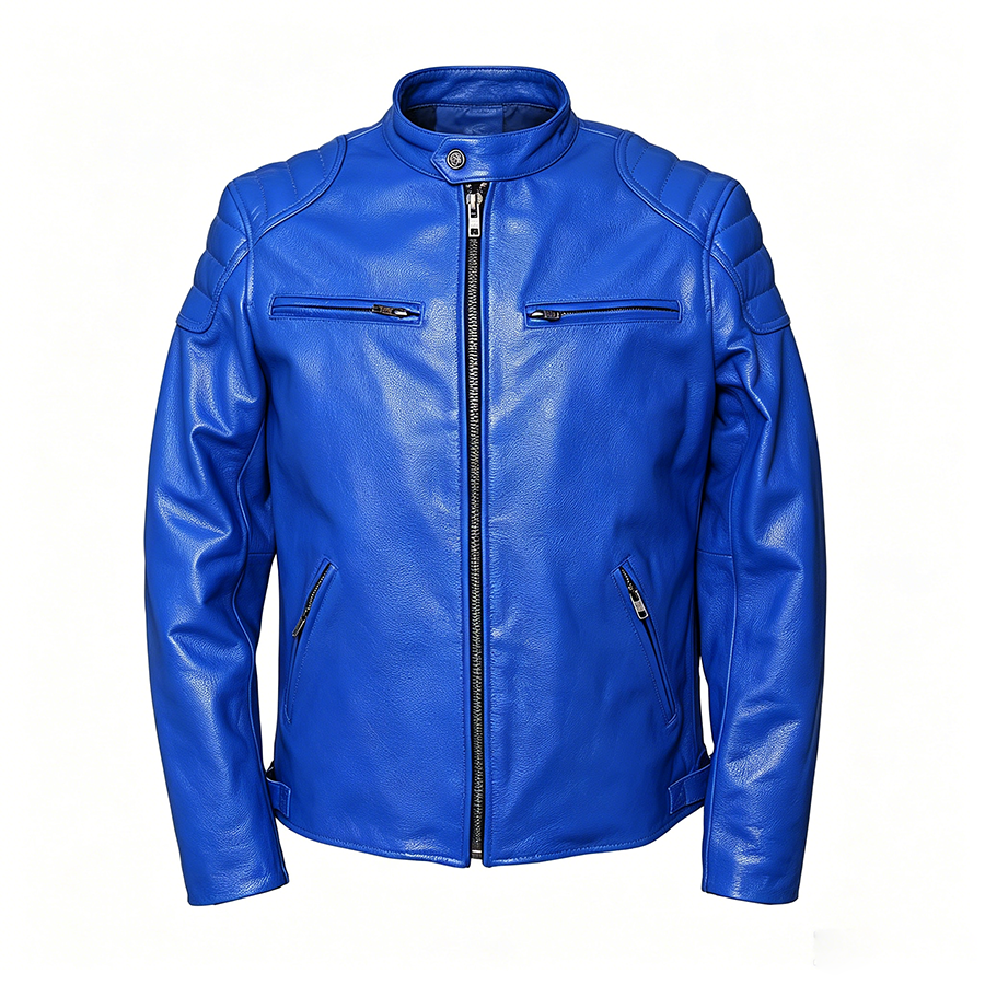 Men’s Blue Cowhide Leather Jacket – Stand Collar Slim Fit Motorcycle Style