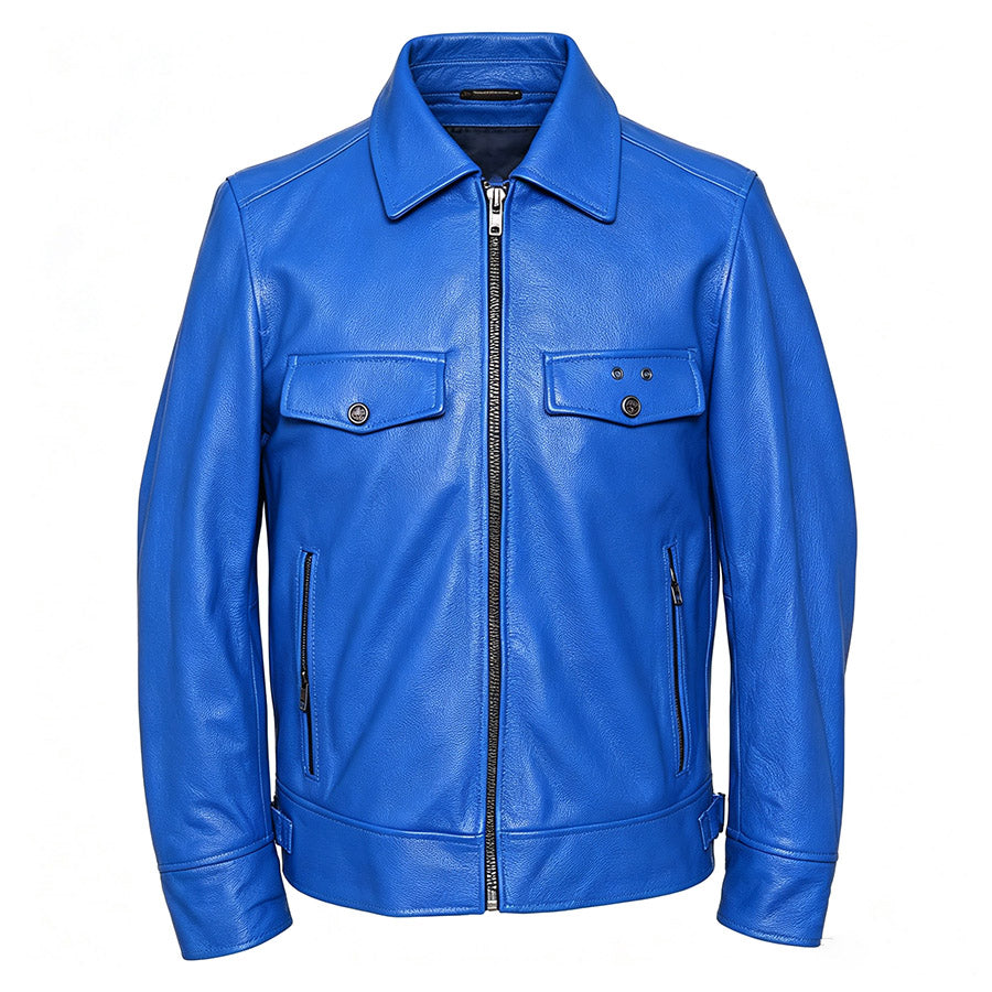 Men’s blue leather jacket with lapel collar, front zipper and multiple pockets