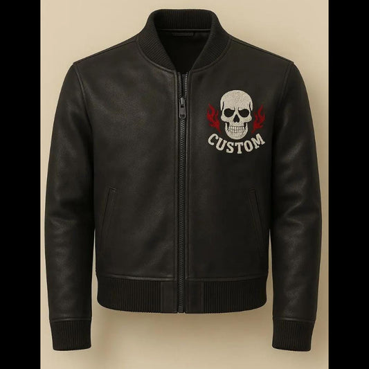 Men's Custom Skull Flame Leather Bomber Jacket – Black Biker Jacket