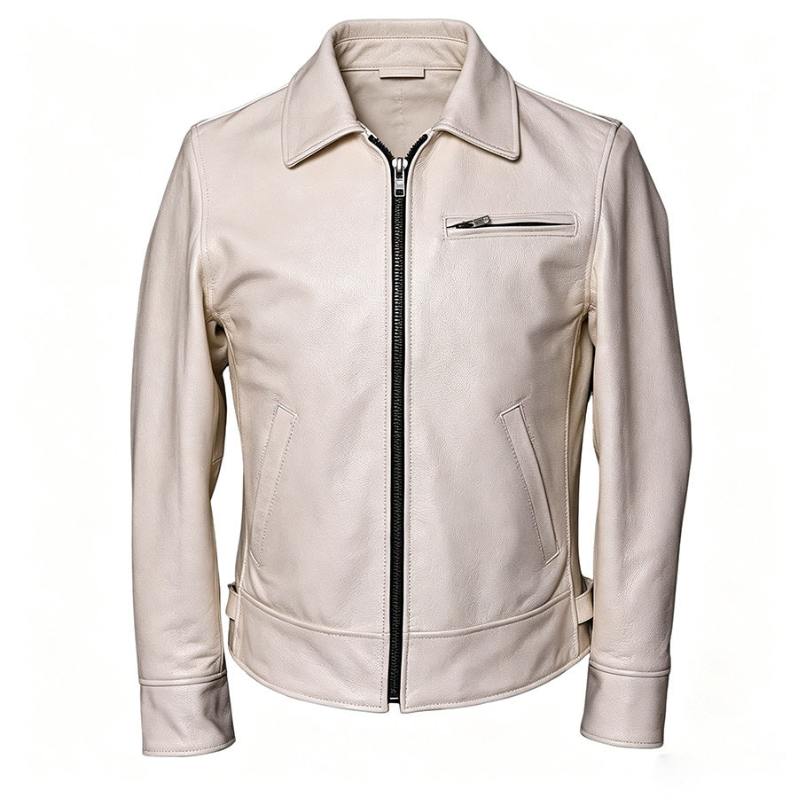 Men’s white cowhide leather jacket with lapel collar and zippered pockets