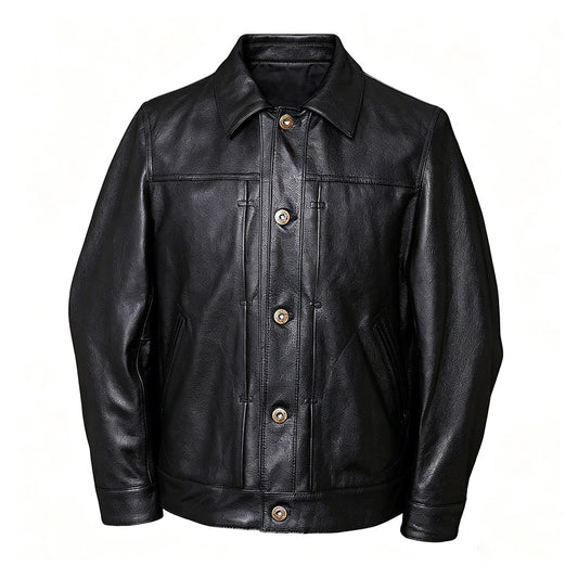 Men’s black cowhide leather jacket with classic lapel collar and button front