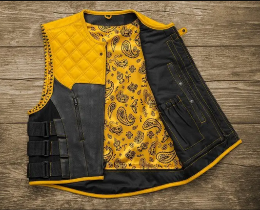 Men's Genuine Leather Motorcycle Vest – Custom Yellow Biker Vest
