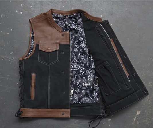 Men's Black & Brown Leather Vest – Two-Tone Biker Vest with Side Laces