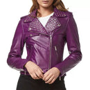 Rockstar Ladies Purple Studded Rock Chic Biker Leather Jacket Leathers Crafted