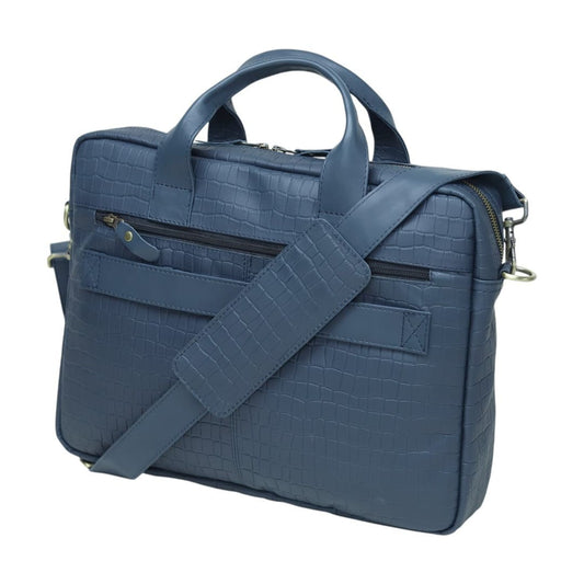 Genuine Leather Laptop Briefcase for Men – Navy Blue Crocodile Pattern Business Bag