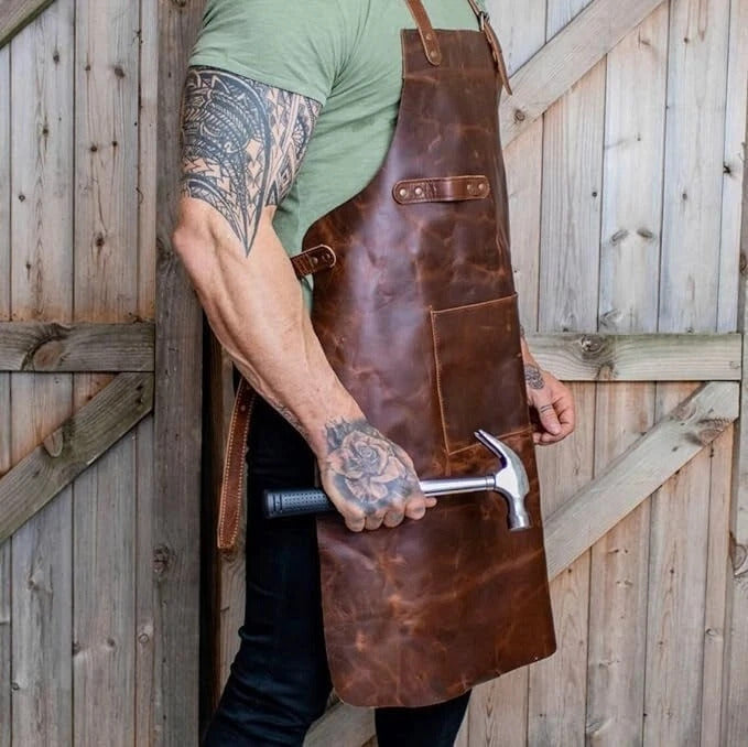 Leather Work Apron for Men & Women – Adjustable Handmade Apron with Front Pocket