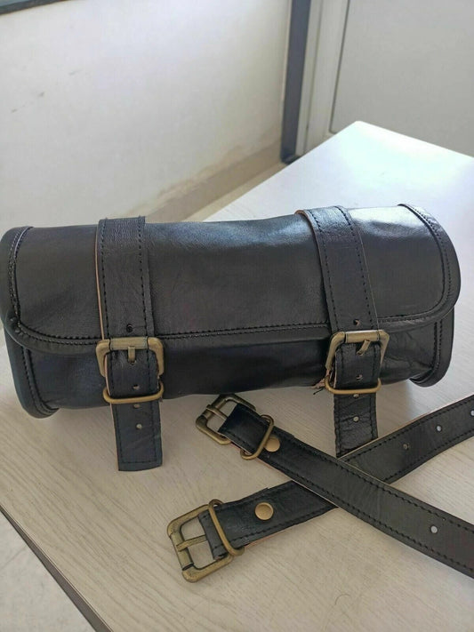 Black Leather Tool Roll Saddle Bag – Motorcycle Utility Bag