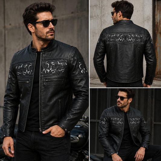 Men's Skull Print Café Racer Leather Jacket – Black Moto Biker Jacket