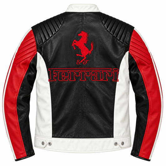 A black leather motorcycle jacket with red and white panels, featuring the red Ferrari prancing horse logo and 'Ferrari' text on the back.