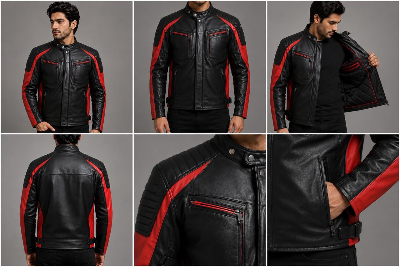 Men's Black & Red Two-Tone Leather Motorcycle Jacket – Biker Jacket