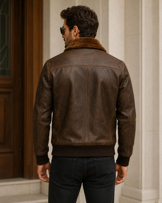 Men’s Vintage Brown Leather Bomber Jacket with Fur Collar | Classic Aviator Pilot Jacket | Genuine Leather Winter Coat