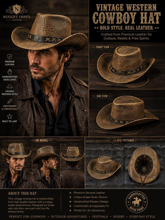 Vintage Western Cowboy Hat for Men – Genuine Leather Cowboy Hat, Handmade Snake Texture Hat, Rodeo Ranch Western Hat