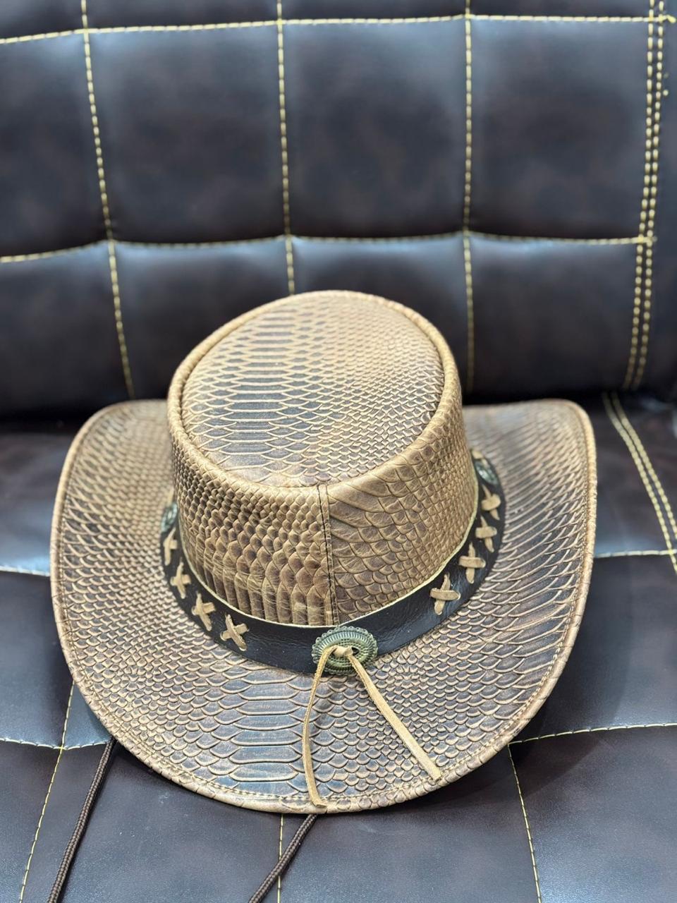 Vintage Western Cowboy Hat for Men – Genuine Leather Cowboy Hat, Handmade Snake Texture Hat, Rodeo Ranch Western Hat