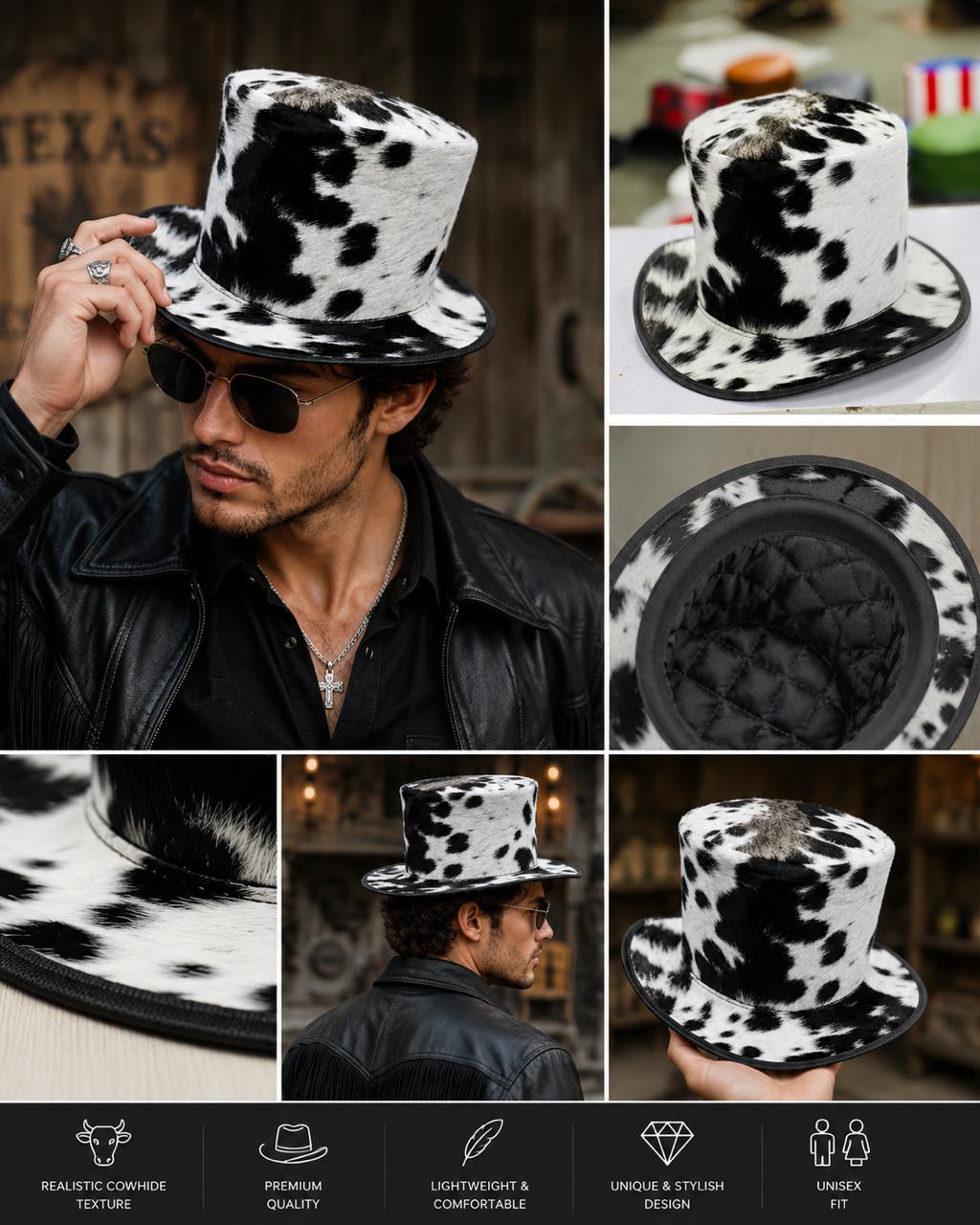 Black & White Cowhide Top Hat | Handmade Western Hat | Premium Cow Print Hat | Unisex Cowboy Style Hat | Fashion Statement Hat