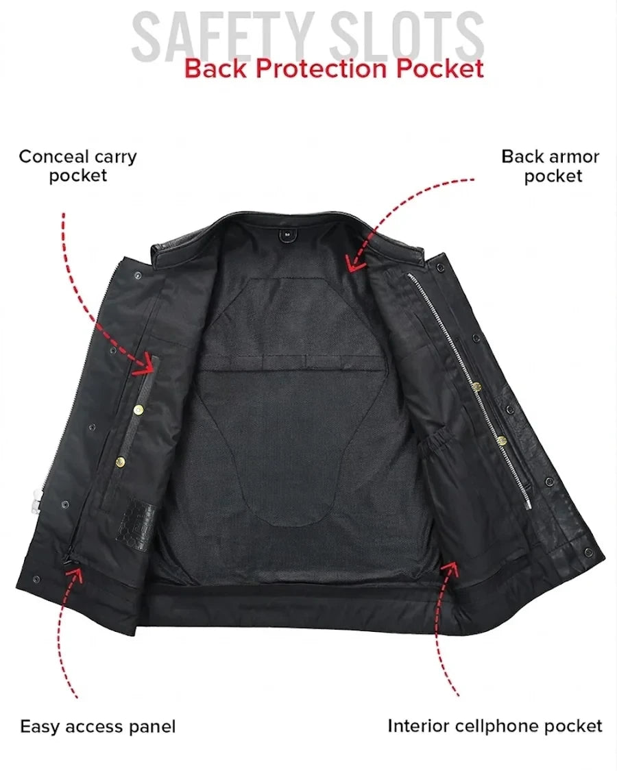 Men's Black Leather Motorcycle Vest – Classic Club Vest with Snap Pockets