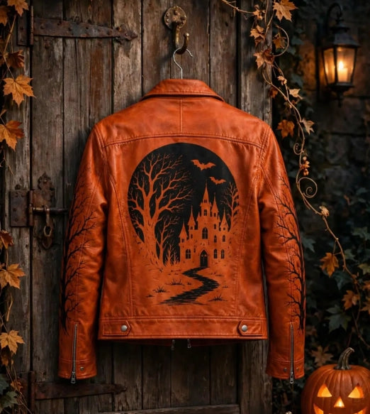 An orange-brown leather jacket with a black gothic illustration of a haunted castle under a full moon on the back, hanging on a rustic wooden door decorated with autumn leaves and a lit lantern.