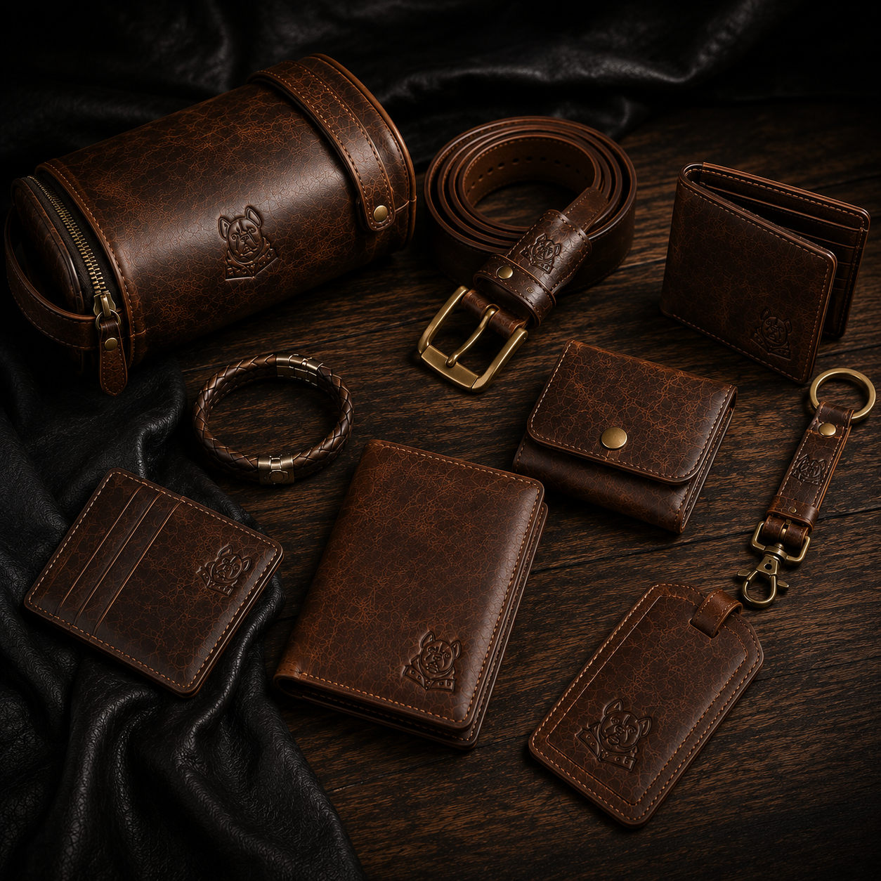 Handmade leather accessories collection featuring premium leather wallets, belts, keychains, card holders, passport holders, and genuine leather goods by Leathers Crafted