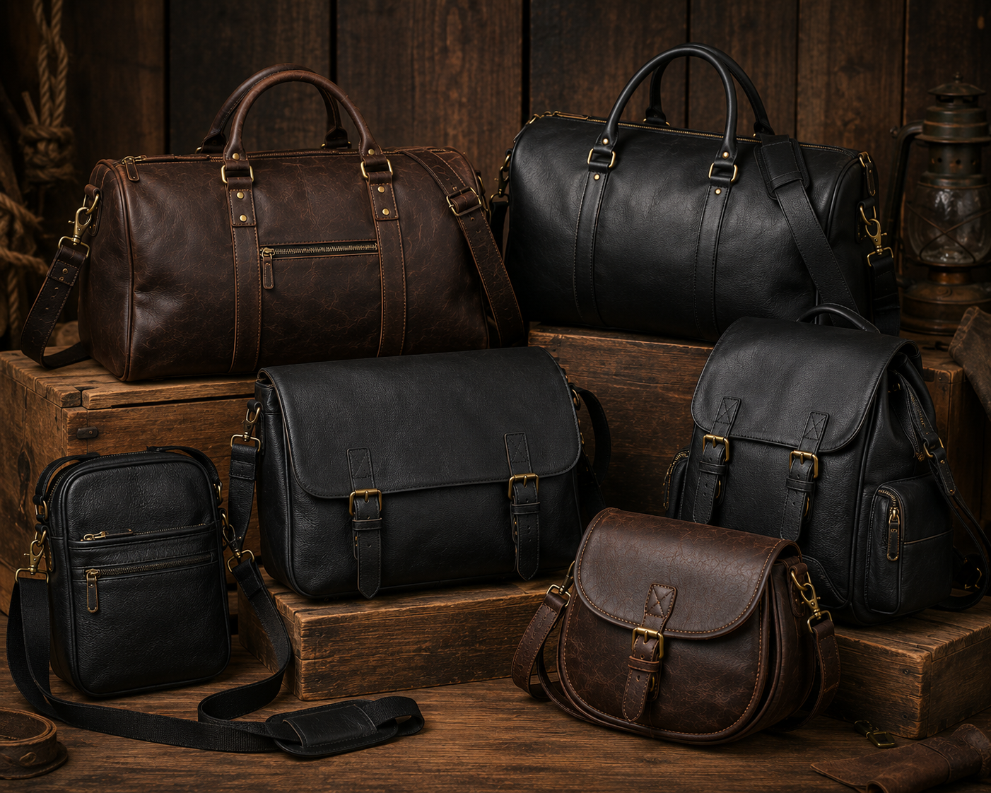 Handmade leather bags collection featuring premium leather laptop bags, motorcycle saddle bags, messenger bags, travel bags, and genuine leather accessories by Leathers Crafted