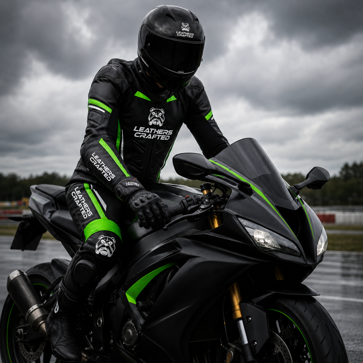 Custom motorcycle racing suits featuring premium leather moto gear, CE armor protection, one-piece and two-piece race suits handcrafted by Leathers Crafted