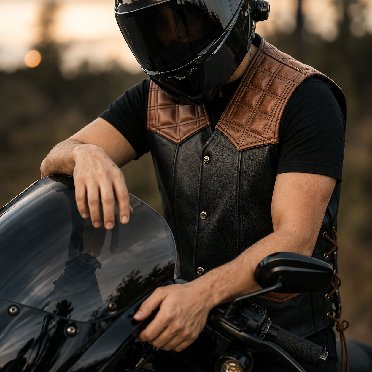 Handmade biker leather vests collection featuring premium motorcycle vests, rider waistcoats, and genuine leather biker apparel by Leathers Crafted