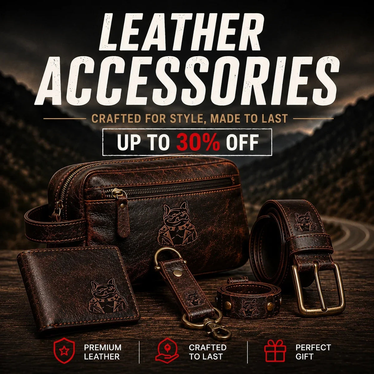 Handmade leather accessories collection featuring premium leather wallets, belts, keychains, card holders, passport holders, and genuine leather goods by Leathers Crafted