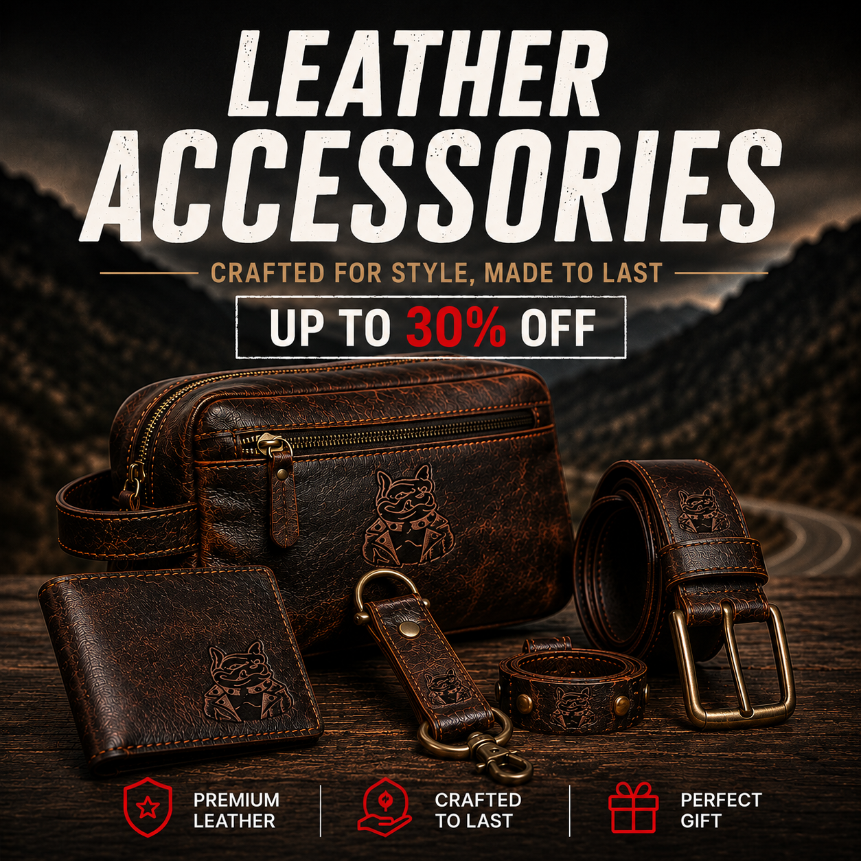 Handmade leather accessories collection featuring premium leather wallets, belts, keychains, card holders, passport holders, and genuine leather goods by Leathers Crafted