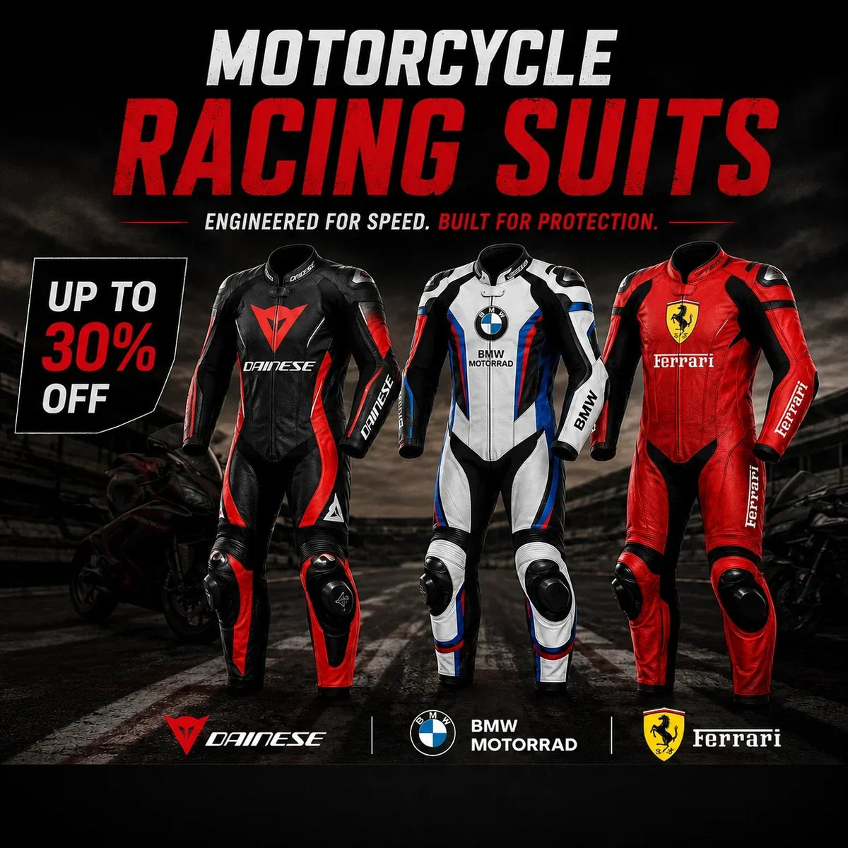 Custom motorcycle racing suits featuring premium leather moto gear, CE armor protection, one-piece and two-piece race suits handcrafted by Leathers Crafted