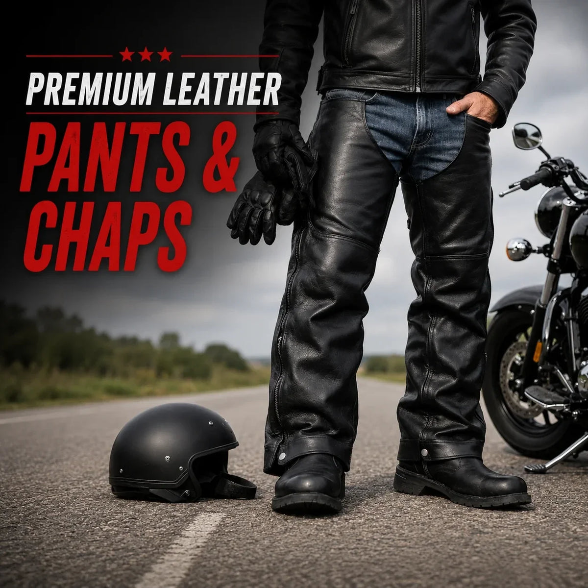 Man wearing premium black leather motorcycle pants and chaps standing beside a motorcycle
