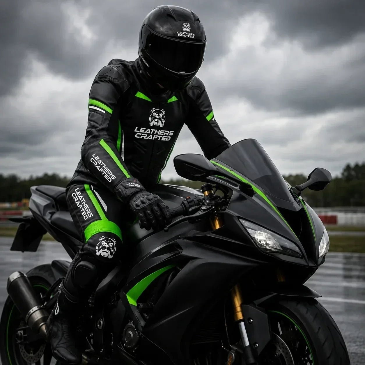 Custom motorcycle racing suits featuring premium leather moto gear, CE armor protection, one-piece and two-piece race suits handcrafted by Leathers Crafted